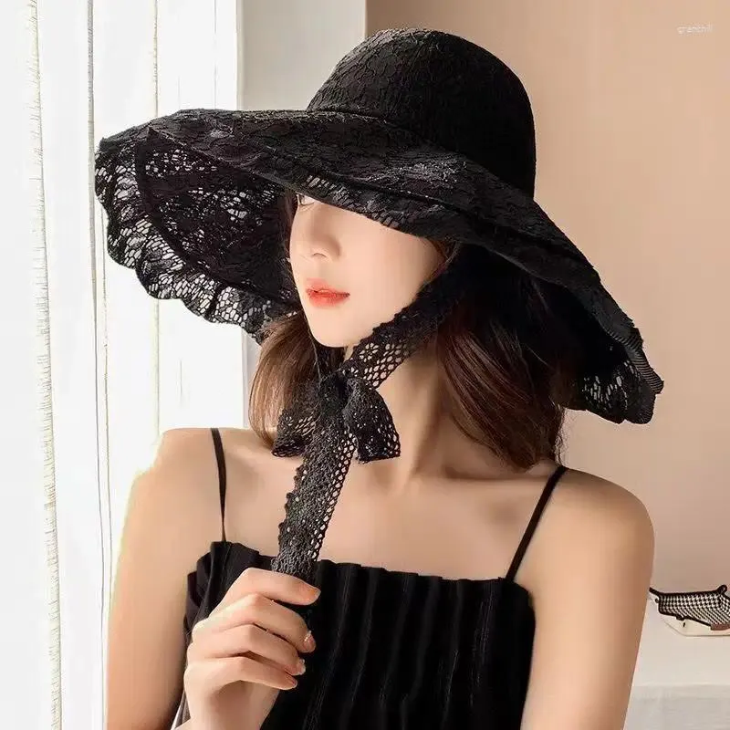 Wide Brim Hats 2024 Fashion Femmes Summer Hat Ladies Solid Lace Sun Cape Bucket Femme Elegant Panama Planama Emballable