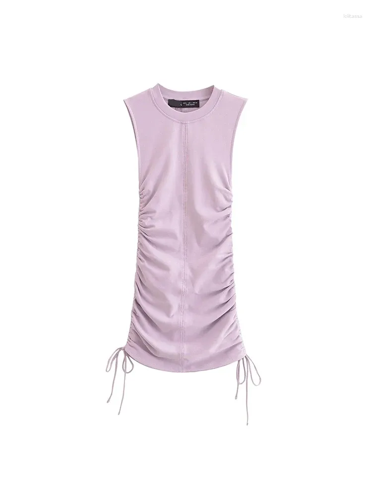 Casual Dresses Summer 2024 Womens Fashion Side DrawString Pleated Mini Dress Ladies Elegant O-Neck ärmlös Slim Purple Short