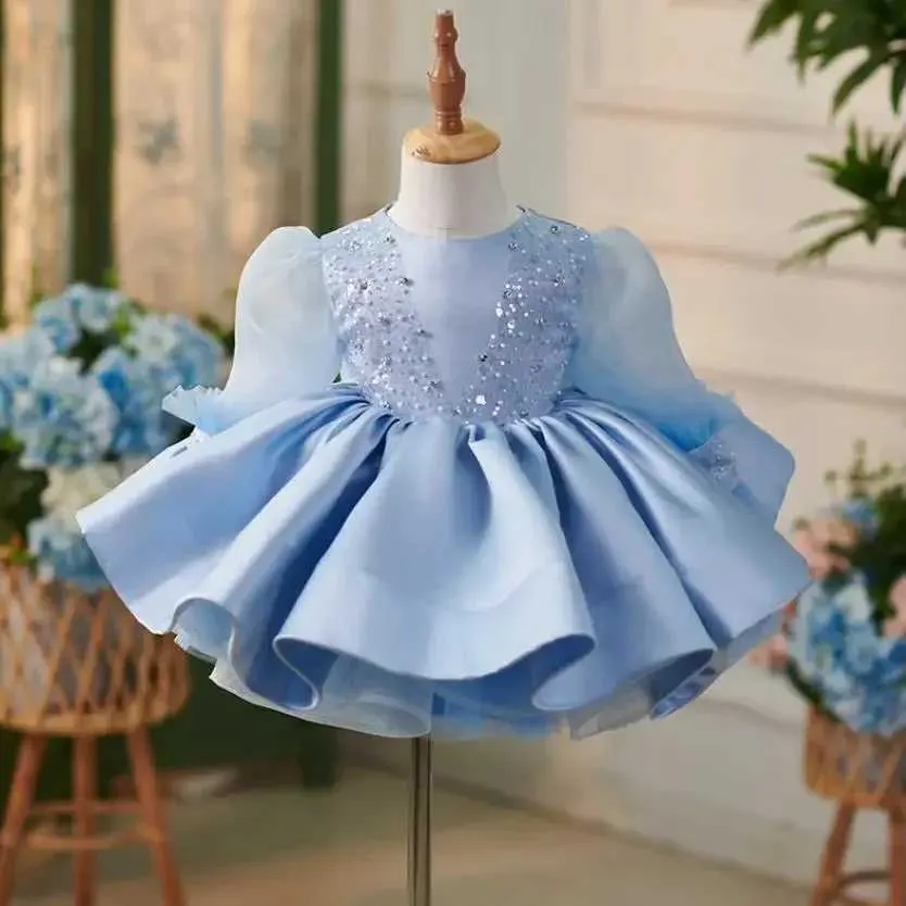 Christening dresses High end childrens princess evening dress with bow and pearl sequin design wedding birthday baptism Eid al Fitr party girl Q240507