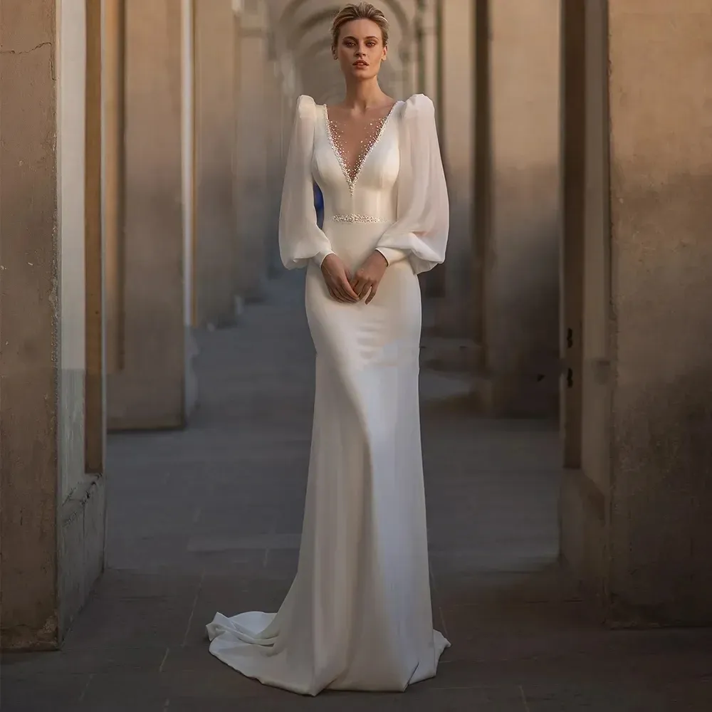 Getadme Elegant Chiffon Wedding Dress Simple V-Neck Long Puff Sleeves White Bride Gowns For Women Modern Robe De Marie Sweep Train