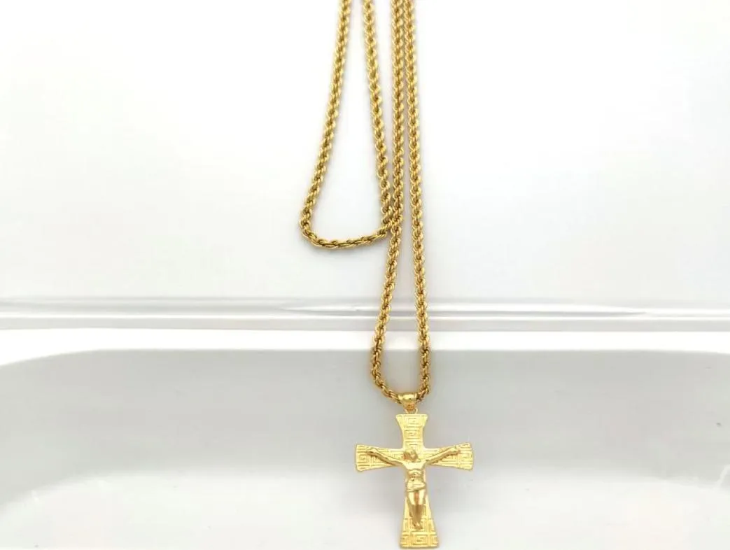 Jesus Crucifix Big Pendant 22k Solid Fine Gold 18ct THAI BAHT G/F Necklace 800mm Rope Chain Charming Jewelry Hip Hop7208818