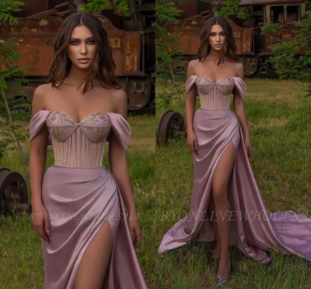 Exquise lavender violet sirène robes de soirée arabe élégant high divisé de la fête de la fête de balle de bal perles paillettes top bc10344