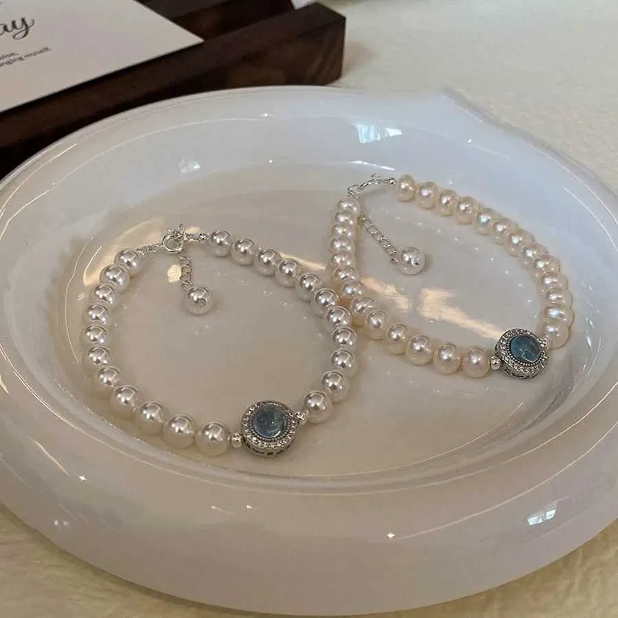 Perlearmbånd med blå edelsten retro armbånd til dame gave_voghion.com