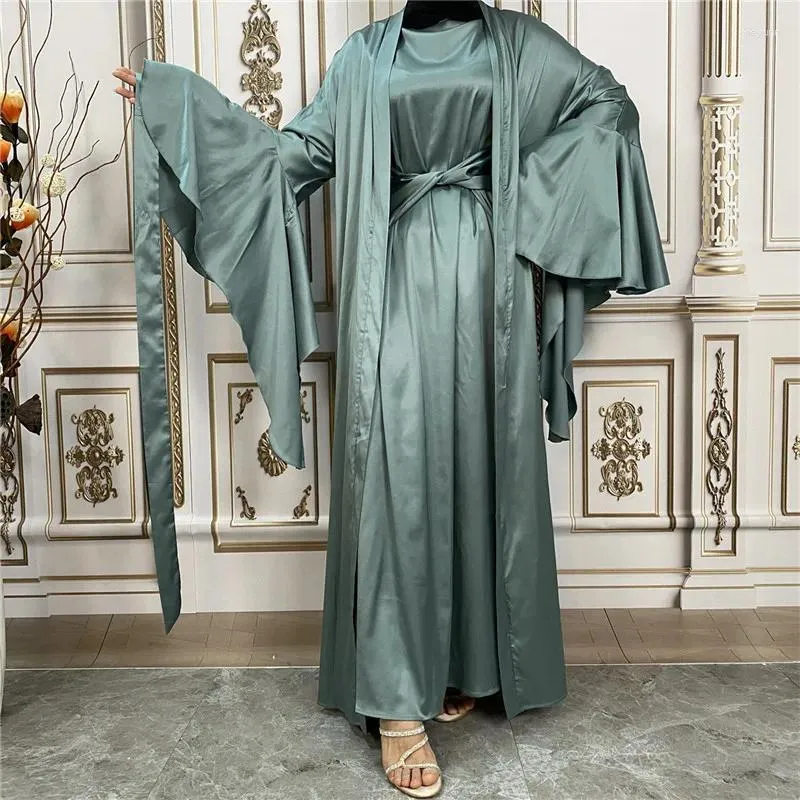 Roupas étnicas Eid Mubarak djellaba femme lonte correspondente ao conjunto de mulheres de cetim muçulmano aberto abaya kimono kaftan islam jalabiya ramadan manto