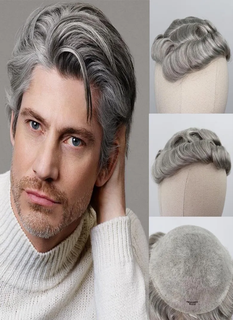 Pu Toupee för män 5 Mixed Grey Hair Replacement 8x10 Human Hair Men Toupee 8x10 6 tum Curly Hair Style Men Wigs9479256