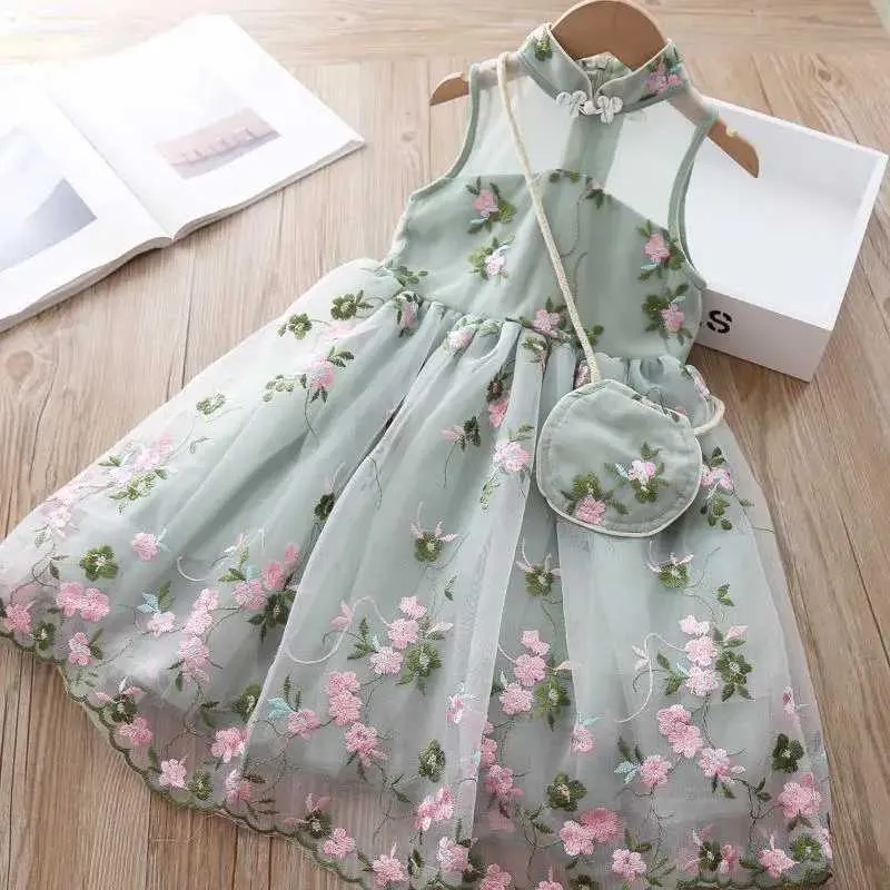 Sukienki dla dziewczynki sukienki letnie ubranie hanfu moda dziecięca sukienka retro siatka 12 lat starej szkoły ślubne dressl240508