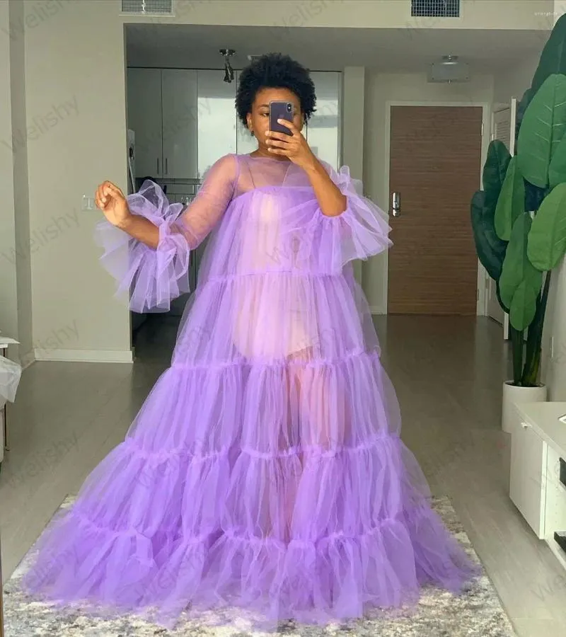 Puffy Sleeve Tulle Long Sheer Dress: Lavender Plus Size Maxi Wear for  Special Occasions
