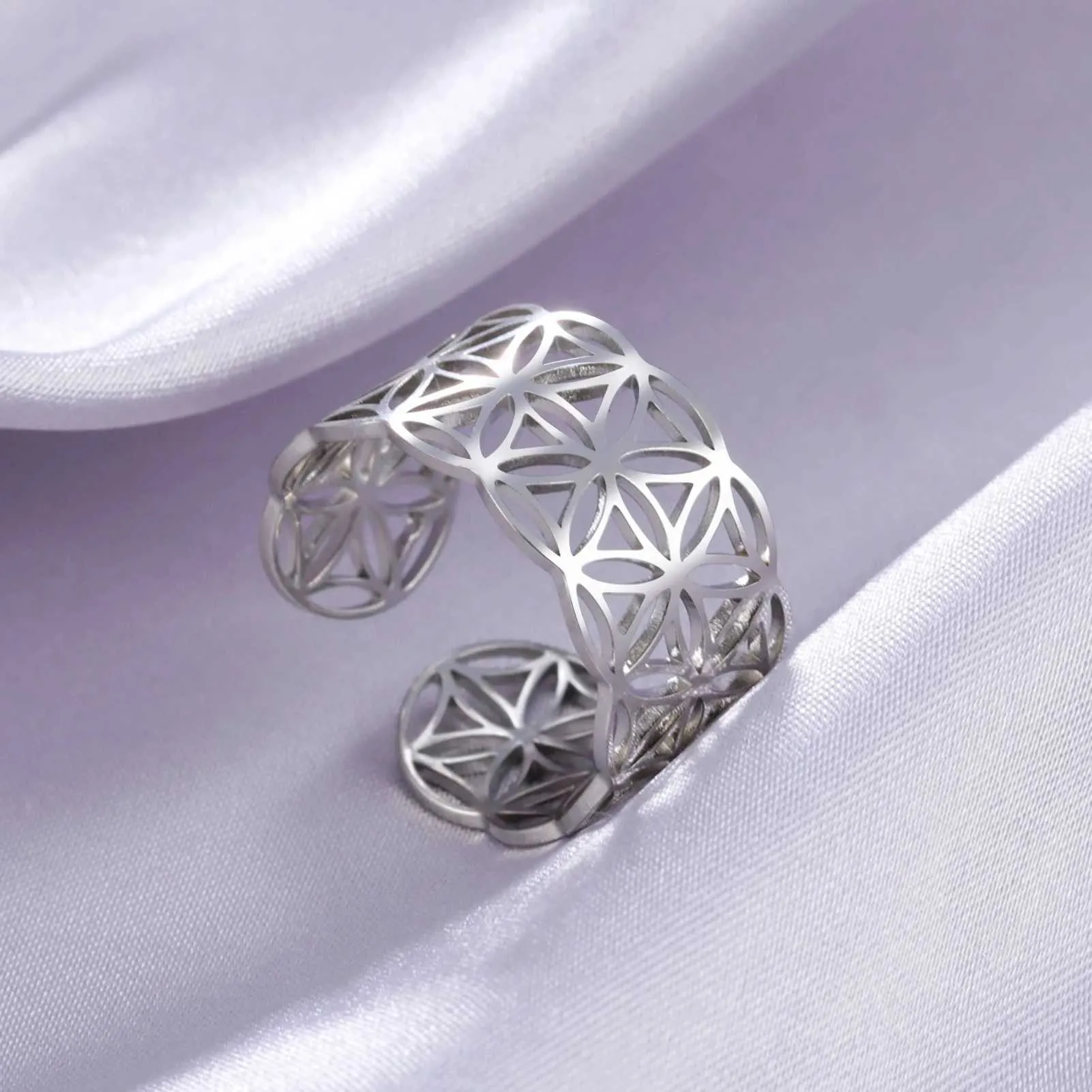 Обручальные кольца Skyrim Flower of Life Ring Женщины из нержавеющей стали Золотой цвет Священная геометрия открытая регулируемые эстетические кольца 2024 Дар ювелирных изделий.