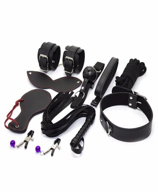 Erwachsener SM -Spiel 8pcsset Handschellen Brustwarzenklemmen Peitsche Halsband Erotik Spielzeug Leder Sex BDSM Bondage Zurückhaltung Sexspielzeug für Paare 7432201