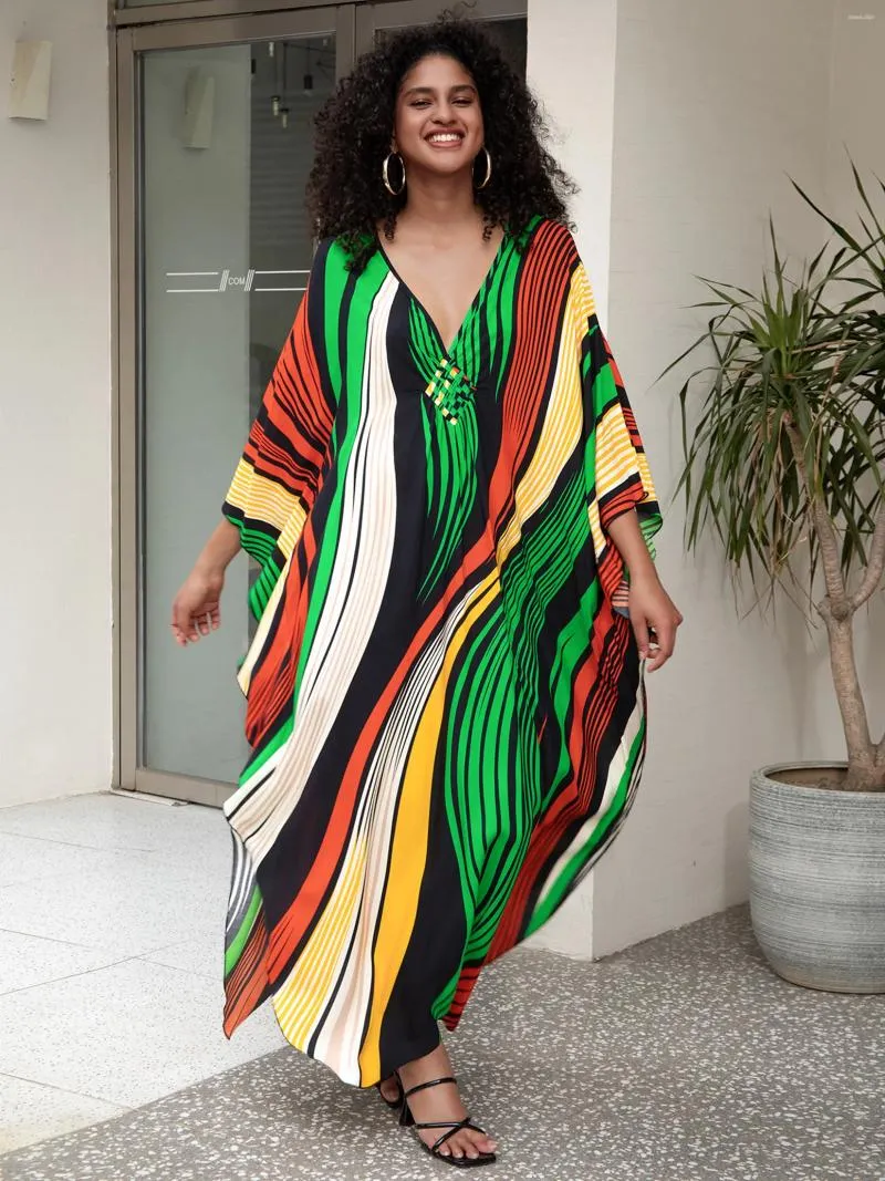 Boho Women's Plus size Kaftan Beach Maxi Dress Dress Summer Strip A strisce di costumi da bagno per la spiaggia Abiti a V-Neck Sliose House Q1628