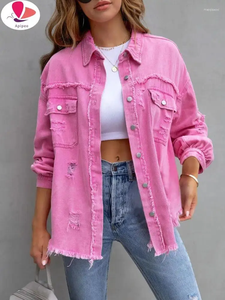 Women's Jackets APIPEE Denim Jacket With Rough Edges And Holes For Women Spring Autumn Temperament Casual Lapel