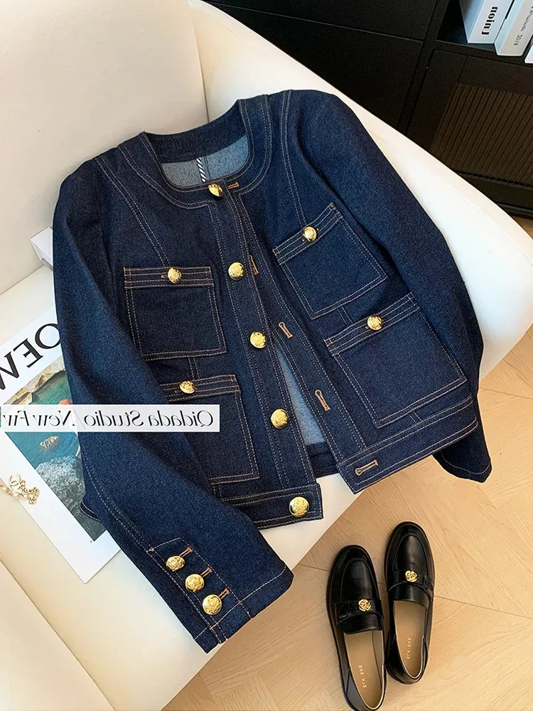 Lente winter vintage stijl casual blauw elegante denim jas vrouwen mode luxe single breatsed losse jean jas top 240423