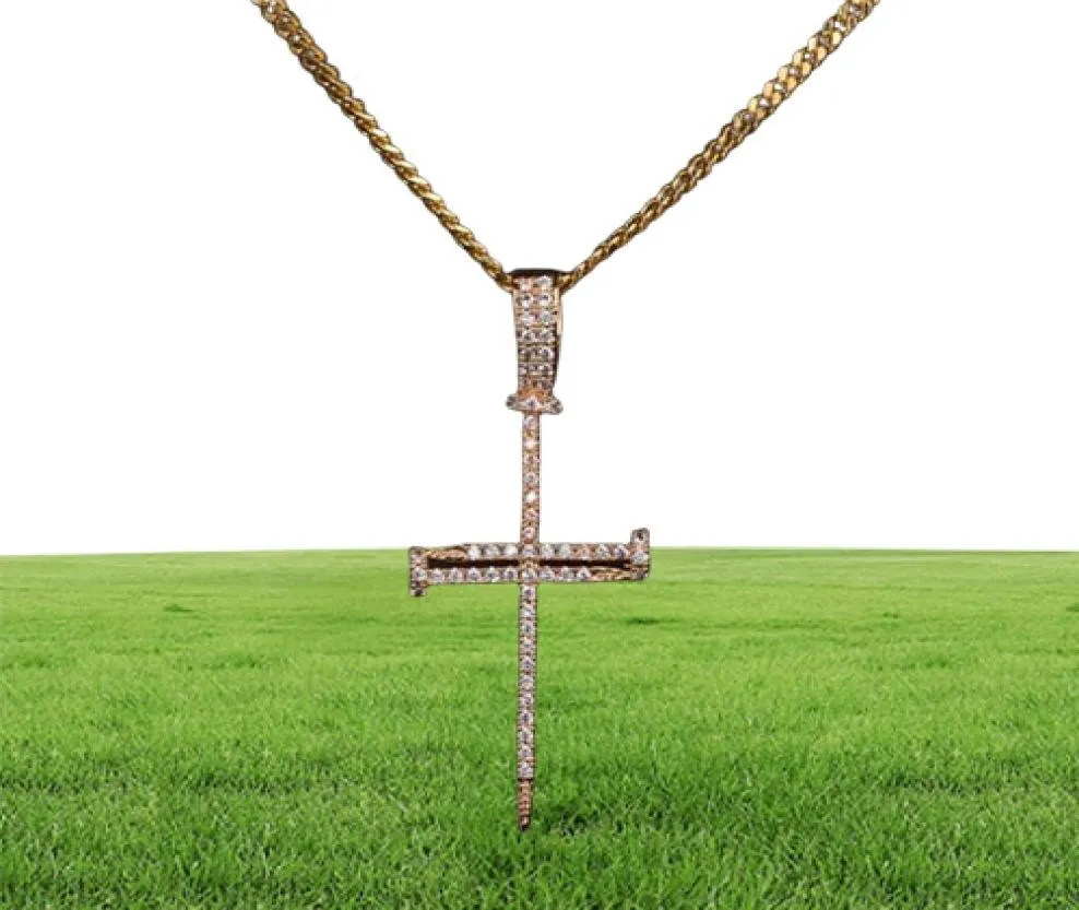 S MANWomen Nail Cross Necklace Pendant Hip Hop Jewelry Bling Ice Out Cubic Zircon Cubanrope Chain for Gift7615231
