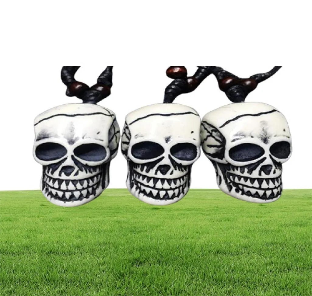 12 PCS Resin Gothic Skull Head Pendant Imitation Yak Bone Charm Black Wax Cotton Cord Necklace296a1591890