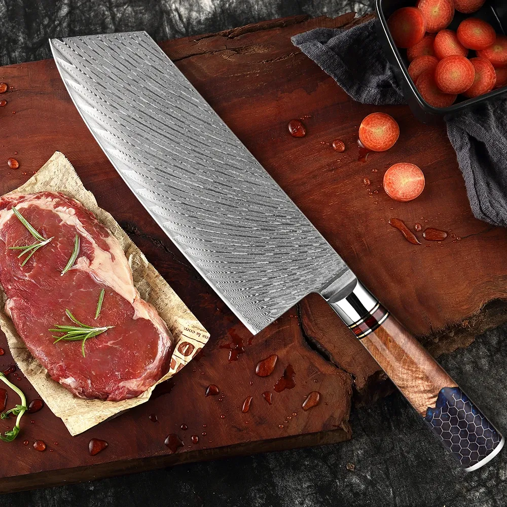 Cleaver Knife 7-inch Meat Vegetable Knife Japanese VG10 Steel Core Damascus Kitchen Chopping Knife Ergonomic Full Tang Handle