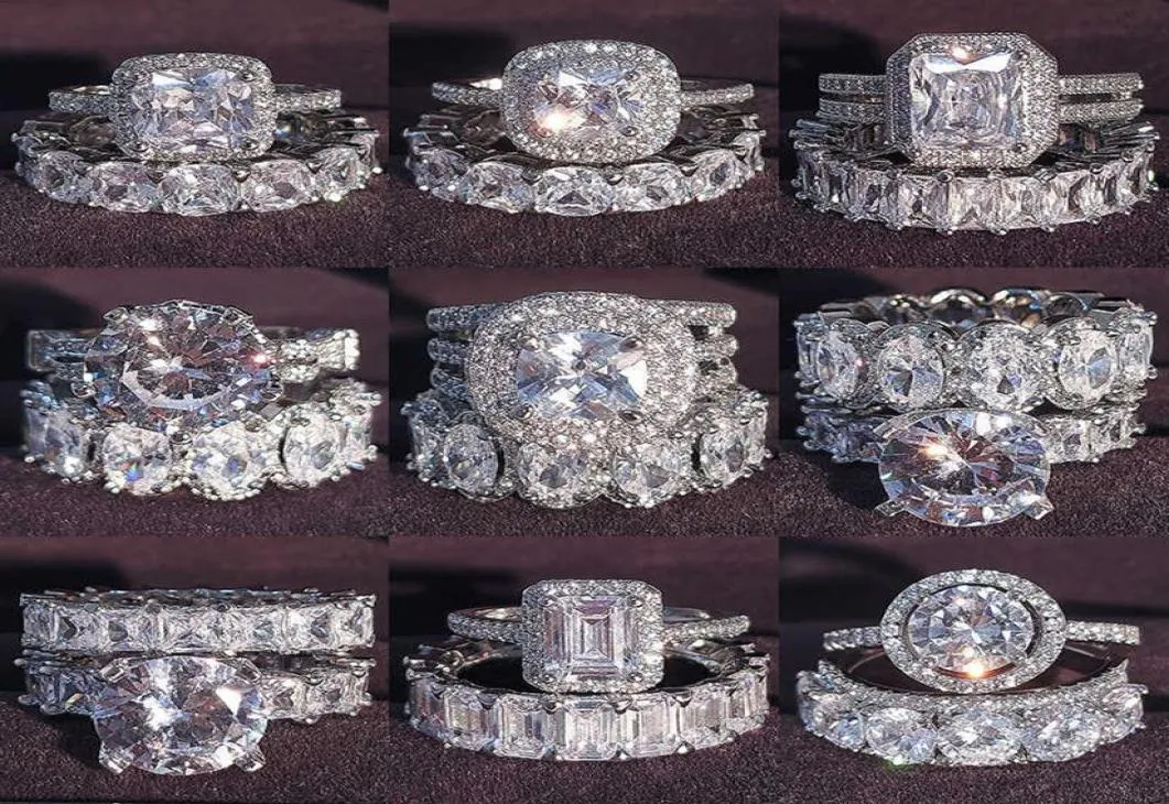 Luxe echt 925 Sterling Silver Oval Princess Cut Wedding Ring Set voor vrouwen Betrokkenheid Band Eeuwigheid Sieraden Zirconia R4975 P08182710277