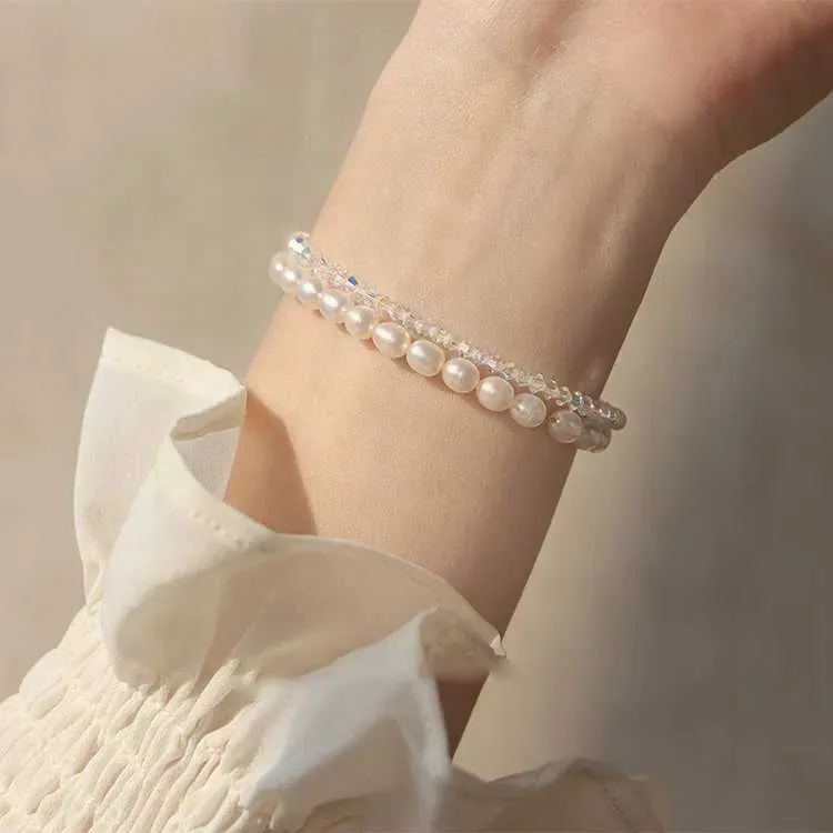 Perlen Und Kristall Armband Elastisch Weiß Schmal Glänzend_voghion.com