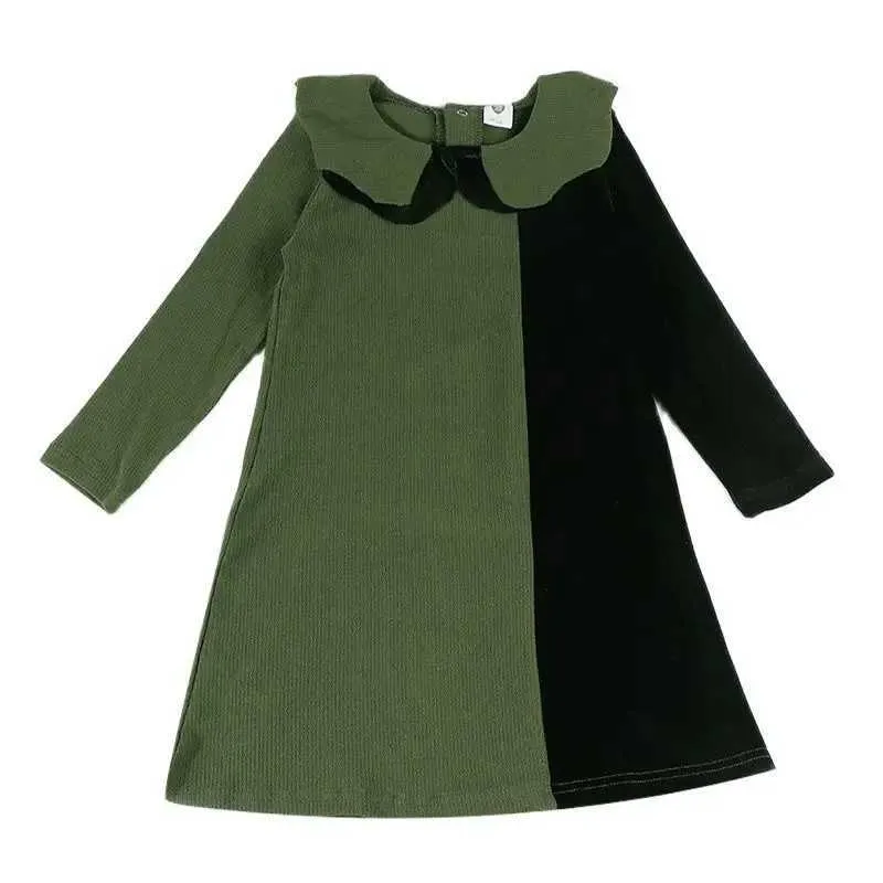 Vestidos de meninas vestido vestido de veludo de veludo de mangas compridas roupas de manga longa para meninas vestido de crianças vestido de decote duplo verde/pretol240508