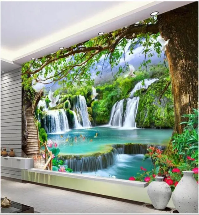 modern 3d wallpaper for living room green big tree forest waterfall wallpapers landscape background wall3945887