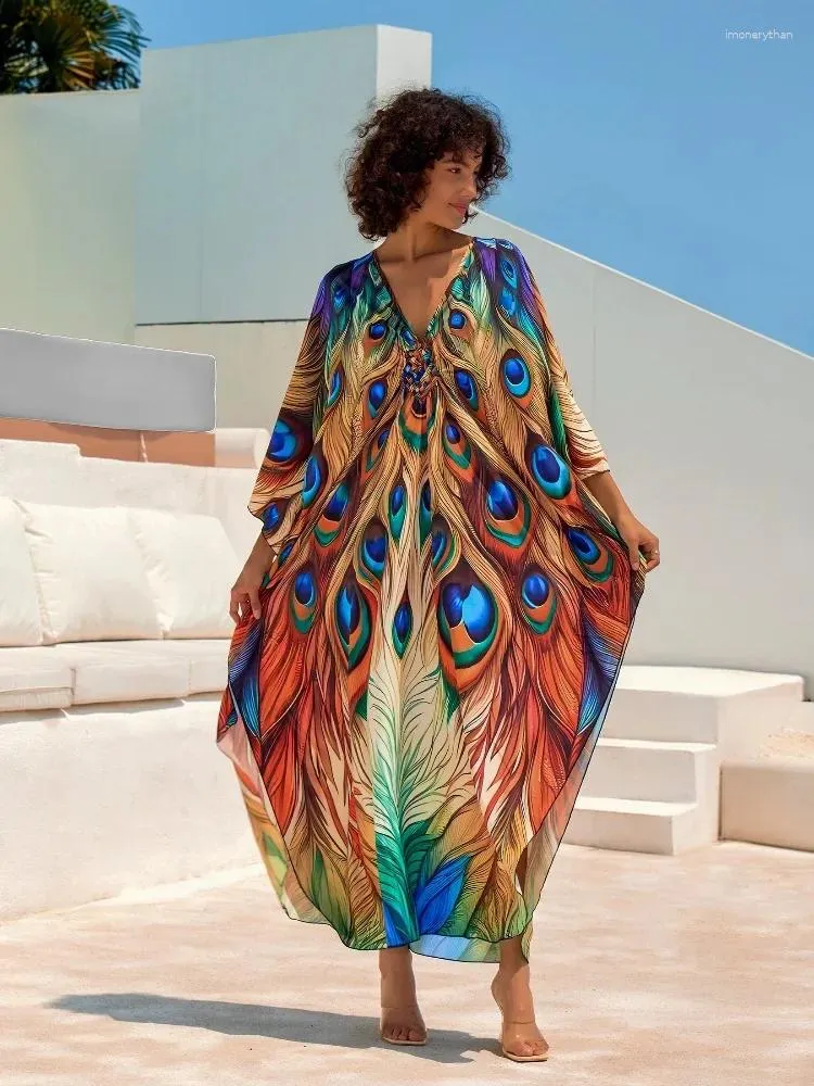 Bohemian Printed Women's Kaftan Robe Butterfly Chic Vacation V-neck Beachwear Bathing Suit Cover Up House Dress Q1670