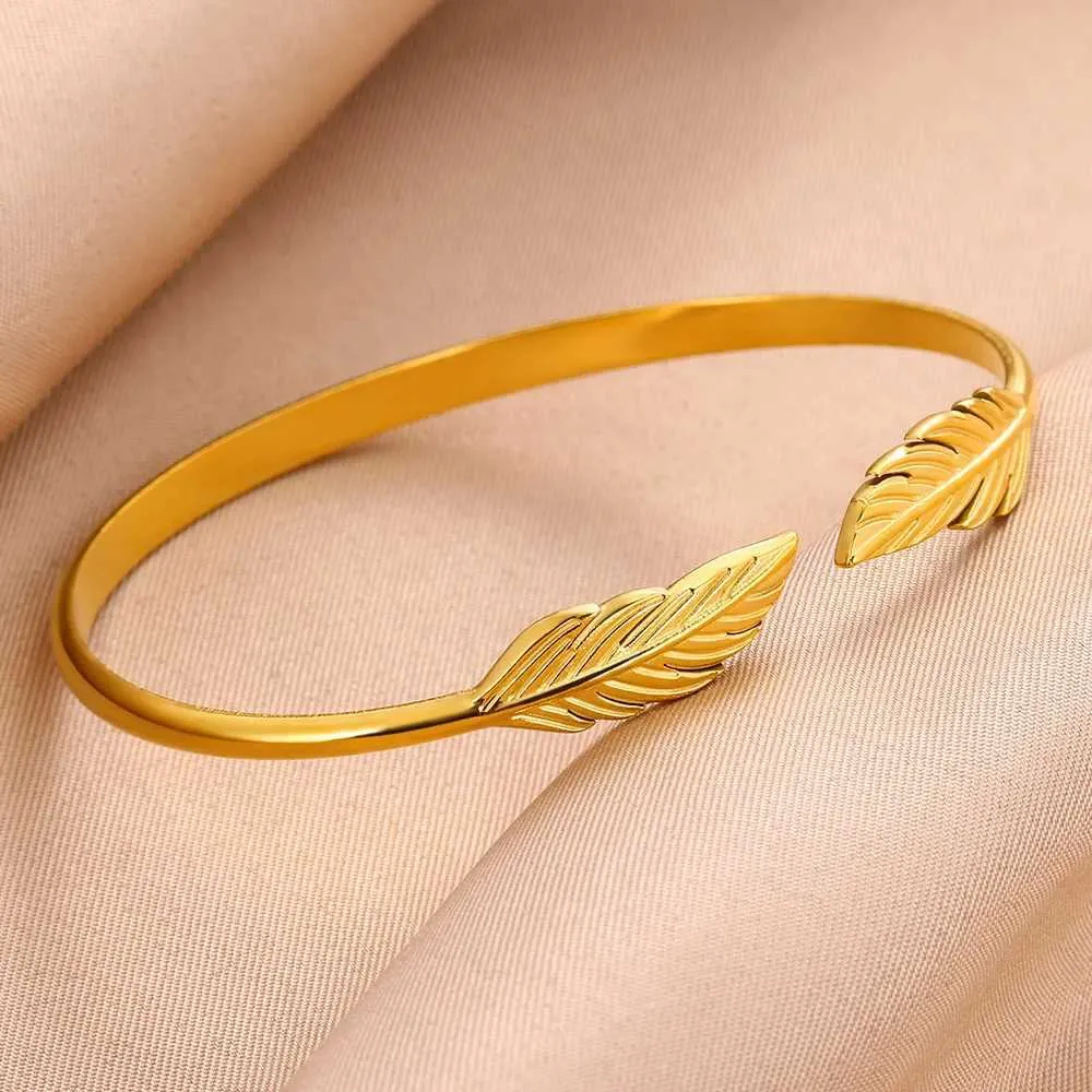 Charm Bracelets Stainless Steel Feather Bracelet For Women Vintage Gold Colr Designer Jewelry Aesthetic Bangle Daily_ipsvogv.com