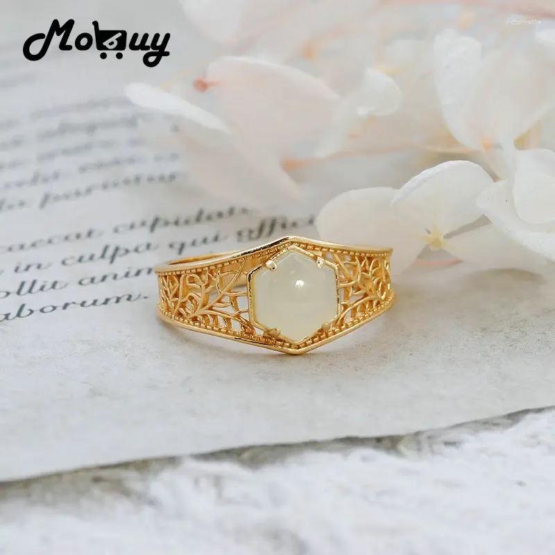 Clusterringen Mobuy Gemstone Natural Jade Ring For Women Nephrite Vintage Hollow Out Design Bijou 925 Sterling Silver Gold Poled Sieraden