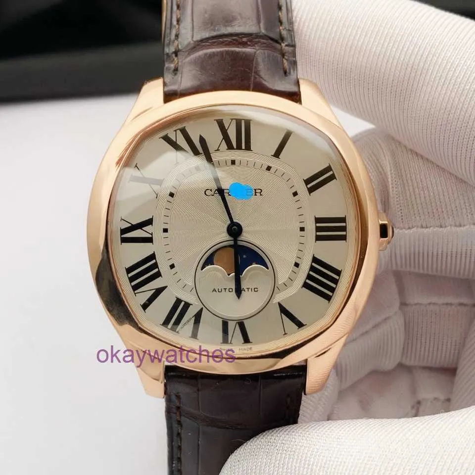 Cartre Luxury Top Designer Automatiska klockor Mens Titta på 18K Rose Gold Lunar Fas Mechanical With Original Box