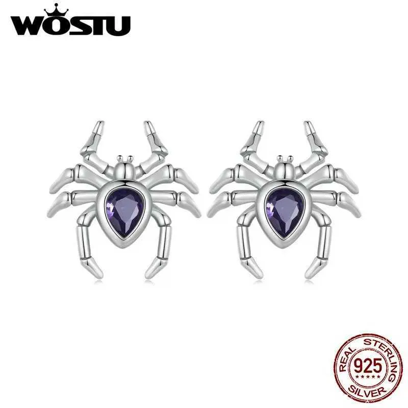 Stud Wostu 925 Sterling Silver Retro Spider oorbellen Creatieve traan traan Amethyst Insect Vrouw Punk Gift Nieuw Q240507