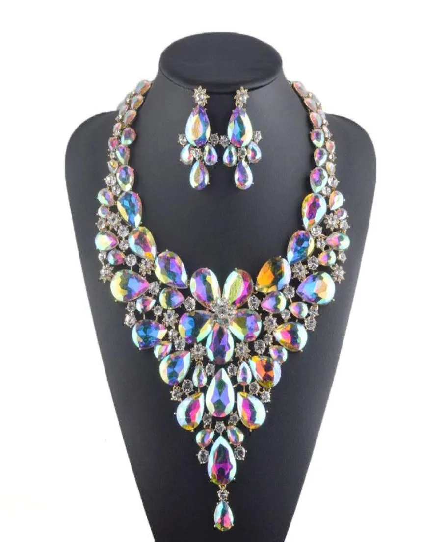 Brincos colar de luxo de luxo conjunto de noivas Crystal ab color aurora festas noturnas jóias gota de água de água estilo 8043180