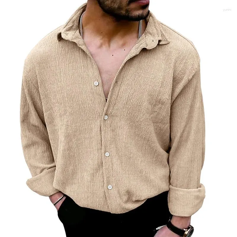 Camicie casual maschile 2024 Spring/estate in lotta per le rughe cardigan Corso solido Collare a maniche lunghe