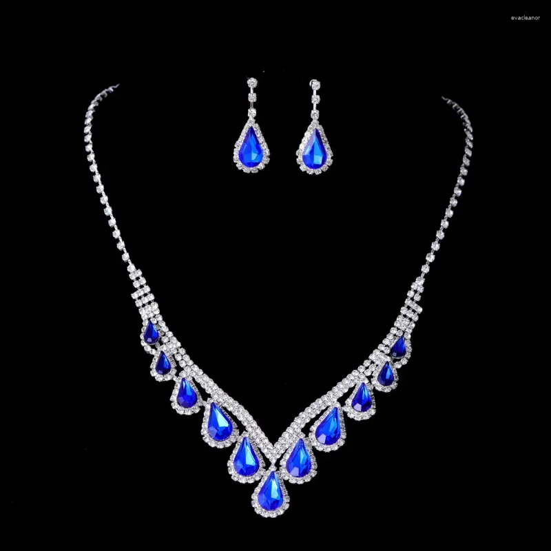 Halskettenohrringe Set 3 Stcs Eingelegtes Strassbraut Luxus Blau Kristall Schlüsselblatt Kette Tropfen Zwei-teilige Hochzeit