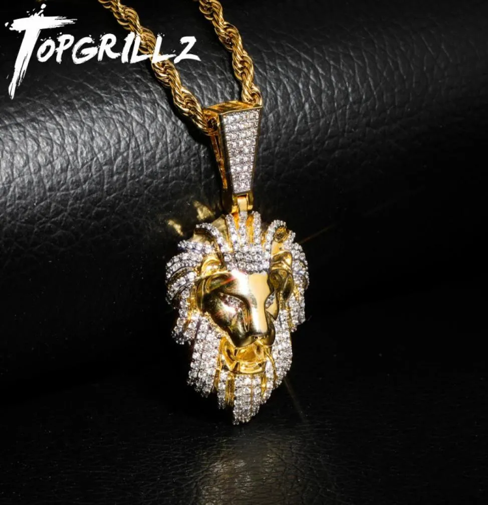 TopGrillz Hip Hop Gold Color Pale Out Out Micro Pave Cubic Lion Lion Head Head Counglace Charm для мужских ювелирных подарков 2010146070464