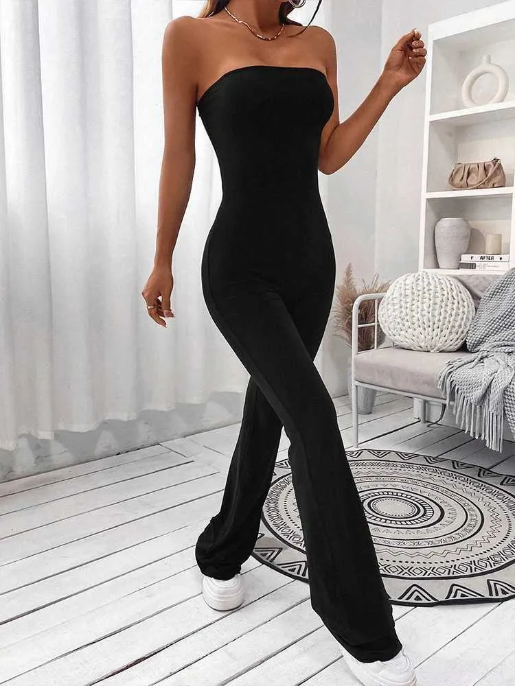 Salti da donna Rompers 2024 Summer New Womens Temperamento di tuta Bustier Temperamento elegante di colore solido Pantaloni monopetti Legamio gamba Slim Illumpting Botod D240507