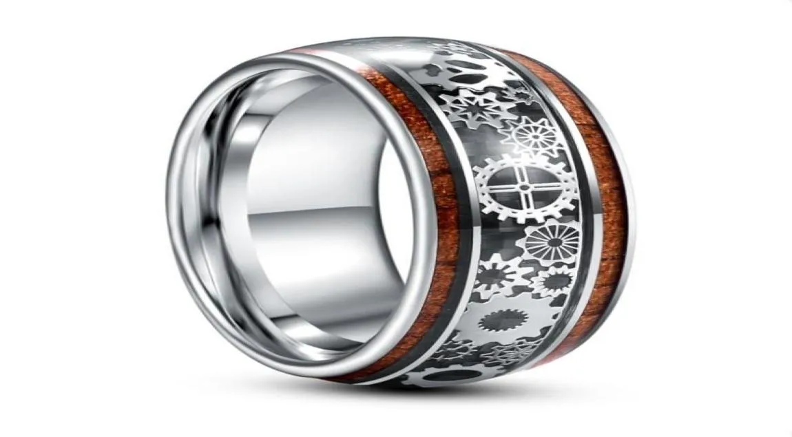 10mm Inlaid Wood Grain Gear Pattern Tungsten Carbide Ring Men039s Fashion Silver Color Mens Jewellery Wedding Rings3863565