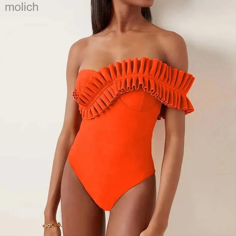 Traje de baño de baño para mujeres Swimsuit 2024 Nuevo sexy sólido ruffle traje de baño para mujeres