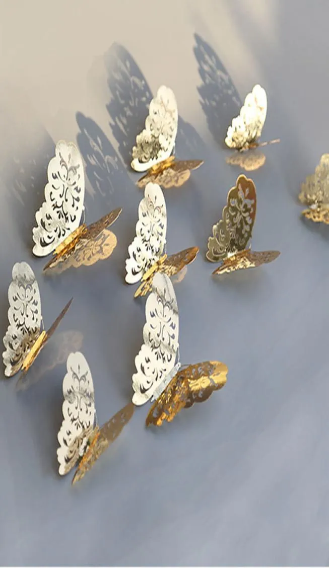 12PCLOlot 3D pusta złote srebrne naklejki na ścianę motyla sztuka dekoracje domu naklejki ścienne na imprezę ślubne motyle3007769