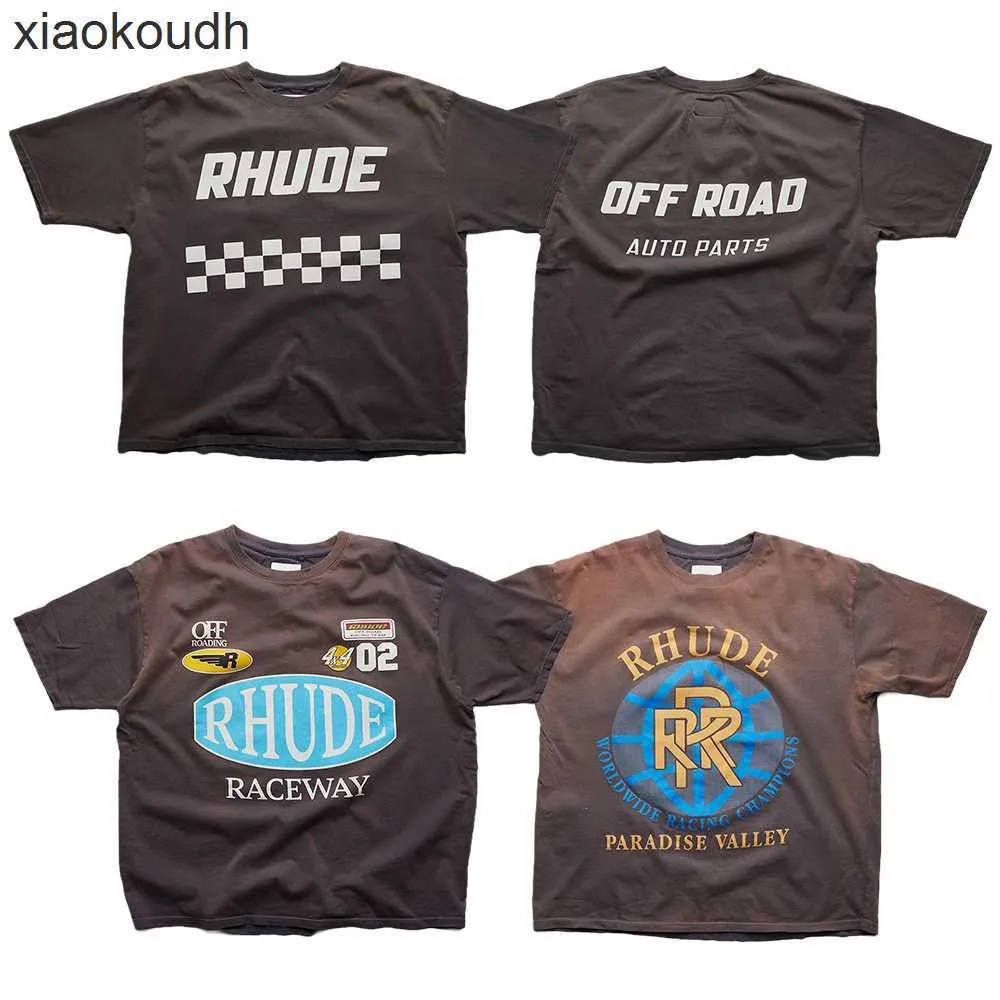 Rhude High End Designer Vêtements pour le style de course à manches courtes à manches à manches courtes en détresse Vintage T-shirt à cou rond imprimé avec des étiquettes originales de 1: 1