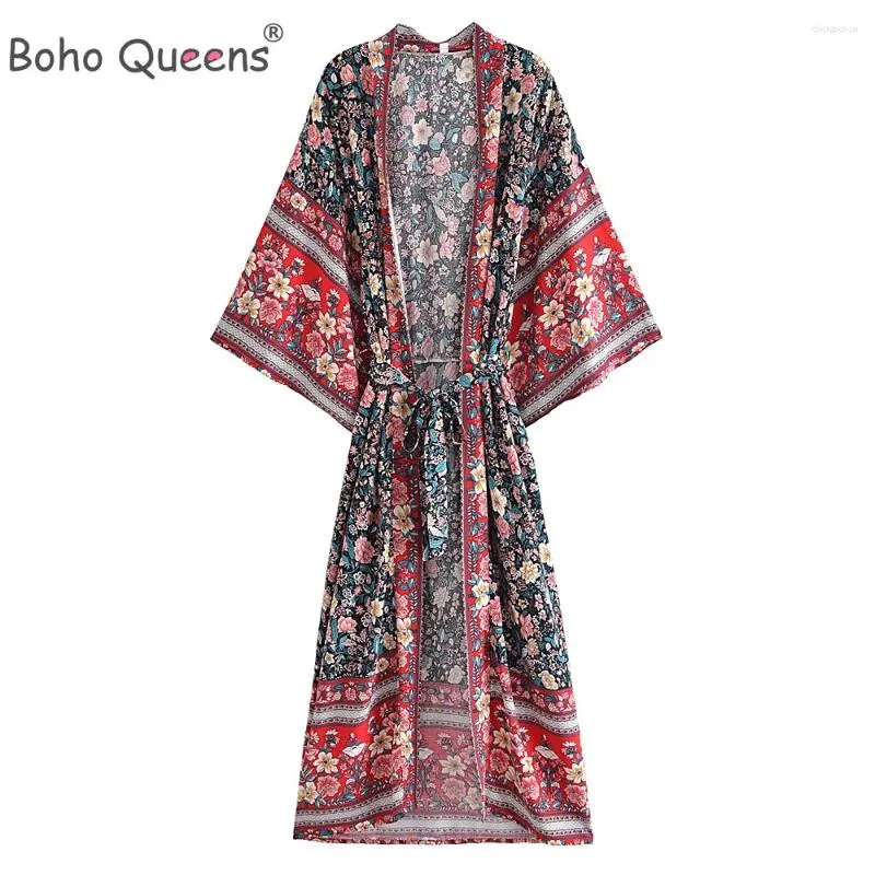 Boho Queens Femmes Impression multi-floral Bohemian Kimono Beach Robe Lady Batwing Sleeves Rayon Vintage Maxi Bikini Cover-ups