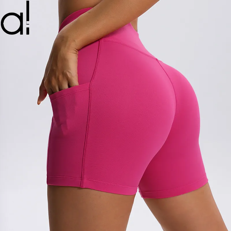 AL Yoga Shorts Summer Sports Leggings Women's High-Rise Stretch Short Pants Fitness Running Tennis Jumping Exercise Shorts Honey Peach Hip Tights with Pockets