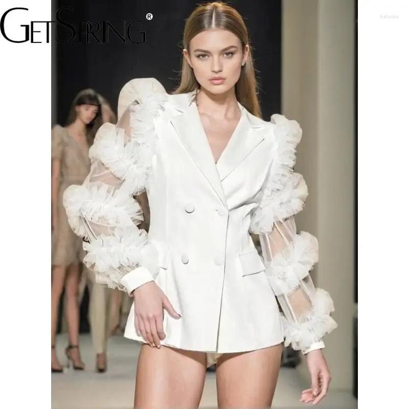 Costumes de femmes Blazer 2024 Mesh Ruffles Double poitrine à manches pleines Fond Jacket de mode à manteau blanc