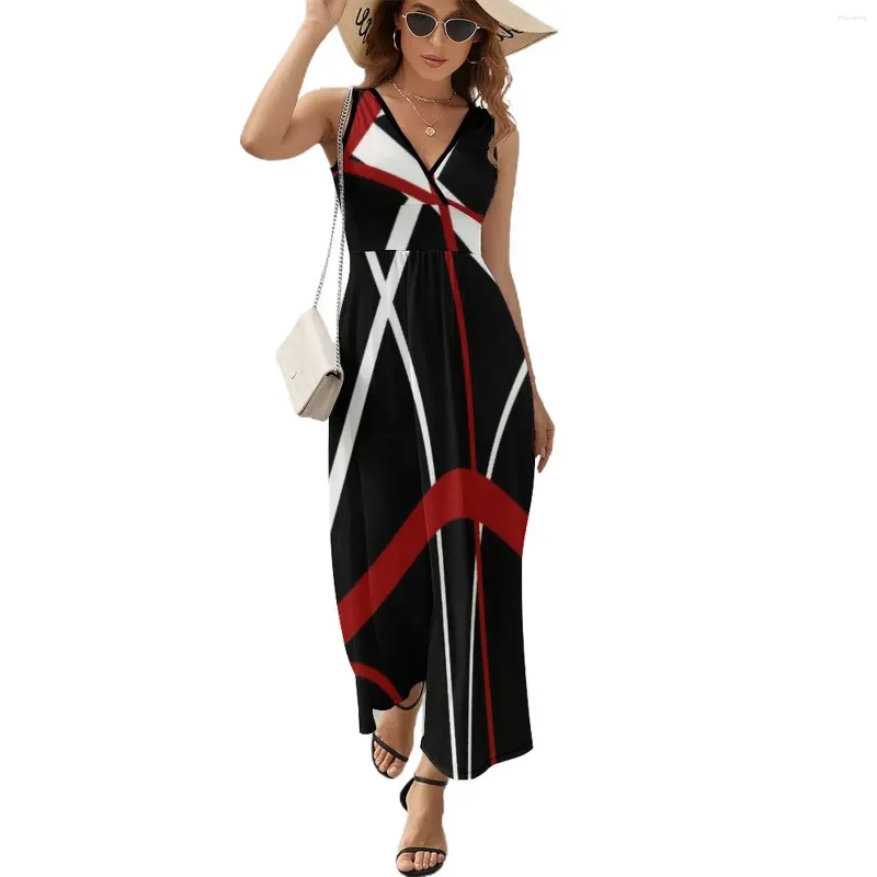 Robes décontractées bandes rouges et blanches sur un fond noir robe sans manches d'été pour femmes vêtements