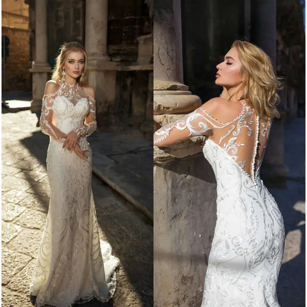 Pizzo Applique glamour squisite sirene abiti più recenti illusione maniche lunghe lunghezza abiti da sposa vintage abito da sposa