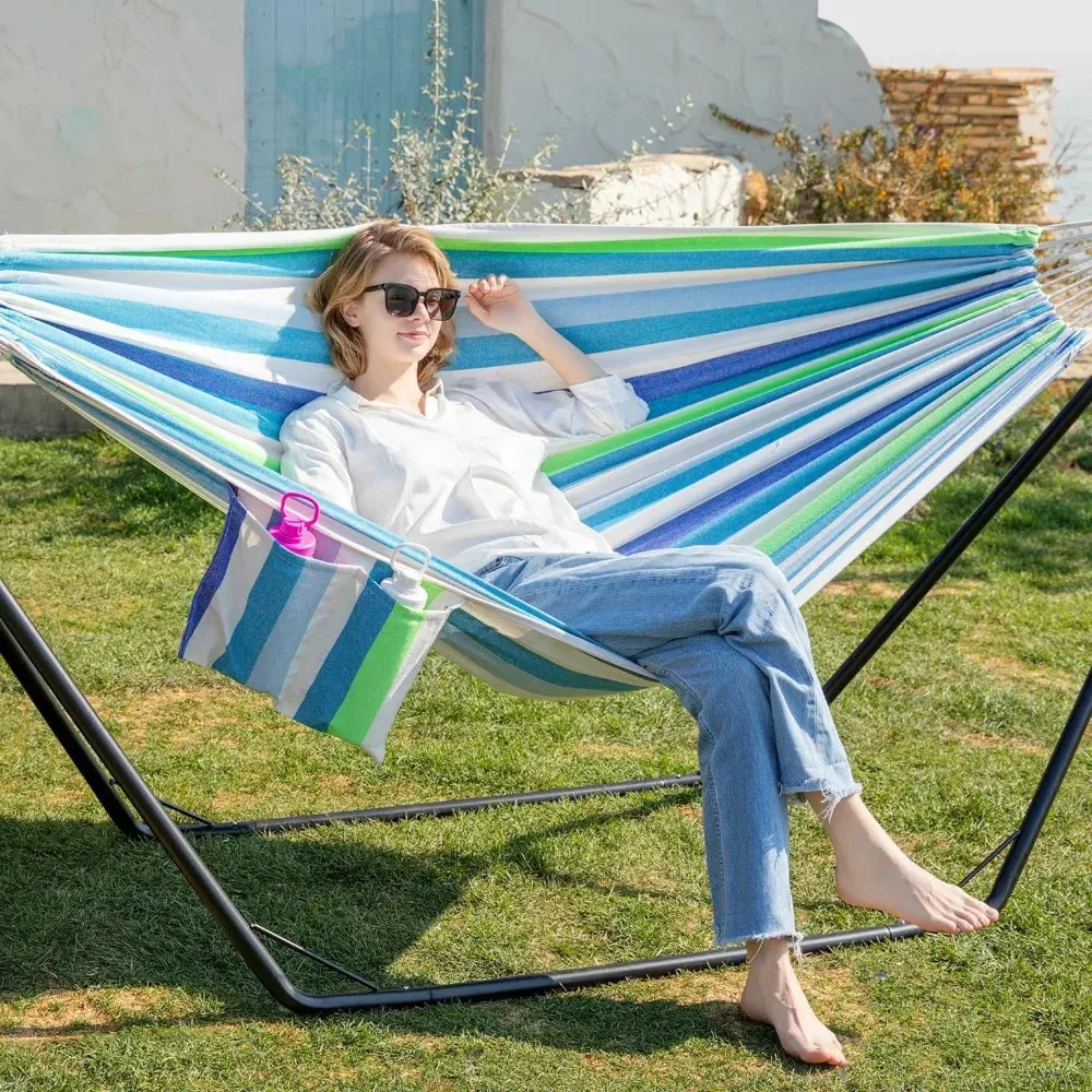 Outdoor Double Hammock with Stable V Shape Steel Stand Comfort Pillow Sidebag Max 450 lbs Capacity