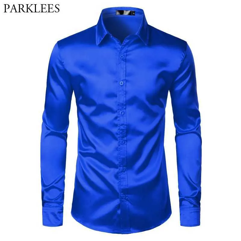 Z5ru Men's Dress Dorts Blue Silk Satin Shirt Men 2023 الفاخرة العلامة التجارية الجديدة النحيفة Fit Mens Dress Party Party Disual Shirt Chemise D240507