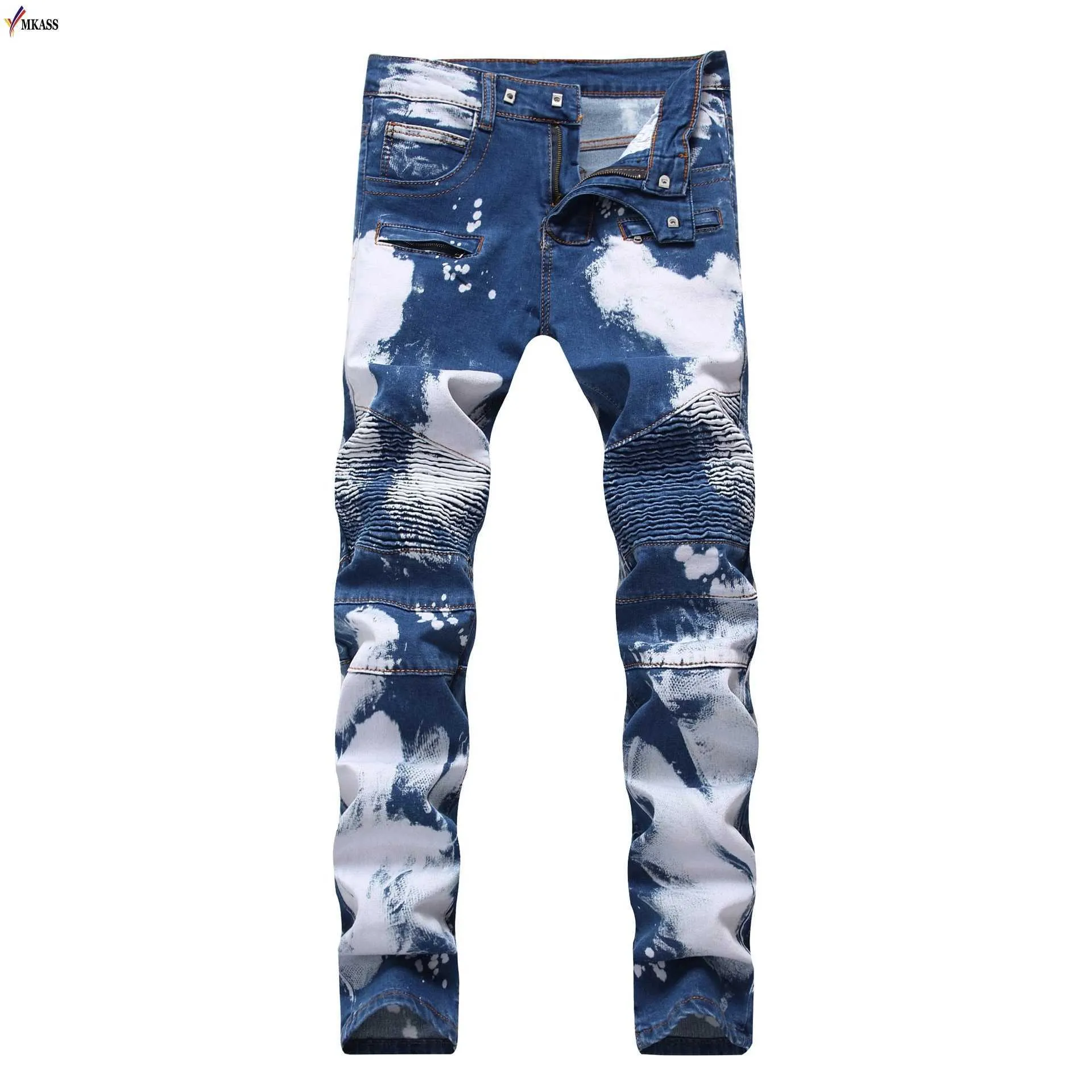 Hot Brand Designer Fashion Jeans Men Straight Blue Color Printed Mens Jeans Motocycle Denim Trousers Ripped Jeans 100% Cotton