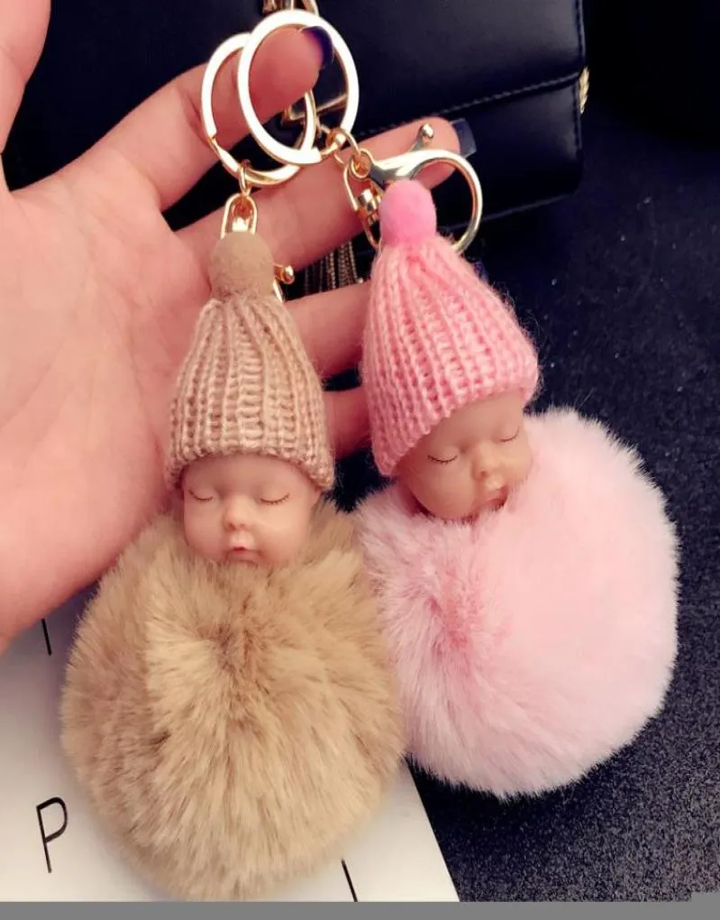 12 color Cute Sleeping Baby Doll Keychain Pompom Rabbit Fur Ball Key Chain Car Keyring Women Key Holder Bag Pendant Charm Accessor2019685