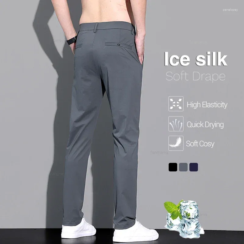 Pantaloni da uomo estate sottile casual con elevata elasticità drappeggio di seta ghiacciata affari liscio dritti di colore solido grigio nero grigio