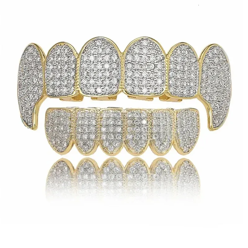 Hiphop bling zircon dents hommes femmes plaquées réelles bijoux bijoux de dents inférieurs supérieurs grills de bouchon de boule de pouce