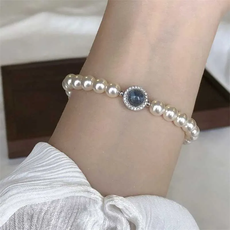 Bangle Elegant Aquamarine Gemstone Zircon for Women Round Sier Color Rhinestone Pearl Bracelets Wedding Jewelry Gift_ipsvogv.com