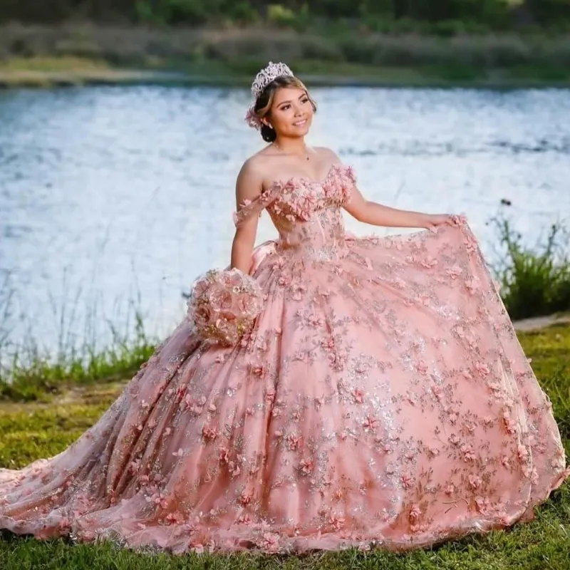 Mexico Pink Off The Theba Shoulder Ball Quinceanera Vestido Para Nina Boaded 3d Flores Vestidos De Fiesta De Cumpleanos Dulces 16 De 298 13 DHgate
